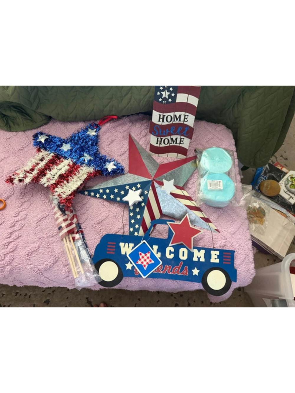 Patriotic 4th of July Decor Bundle - Wooden Signs, Metal Star & Flags Lot